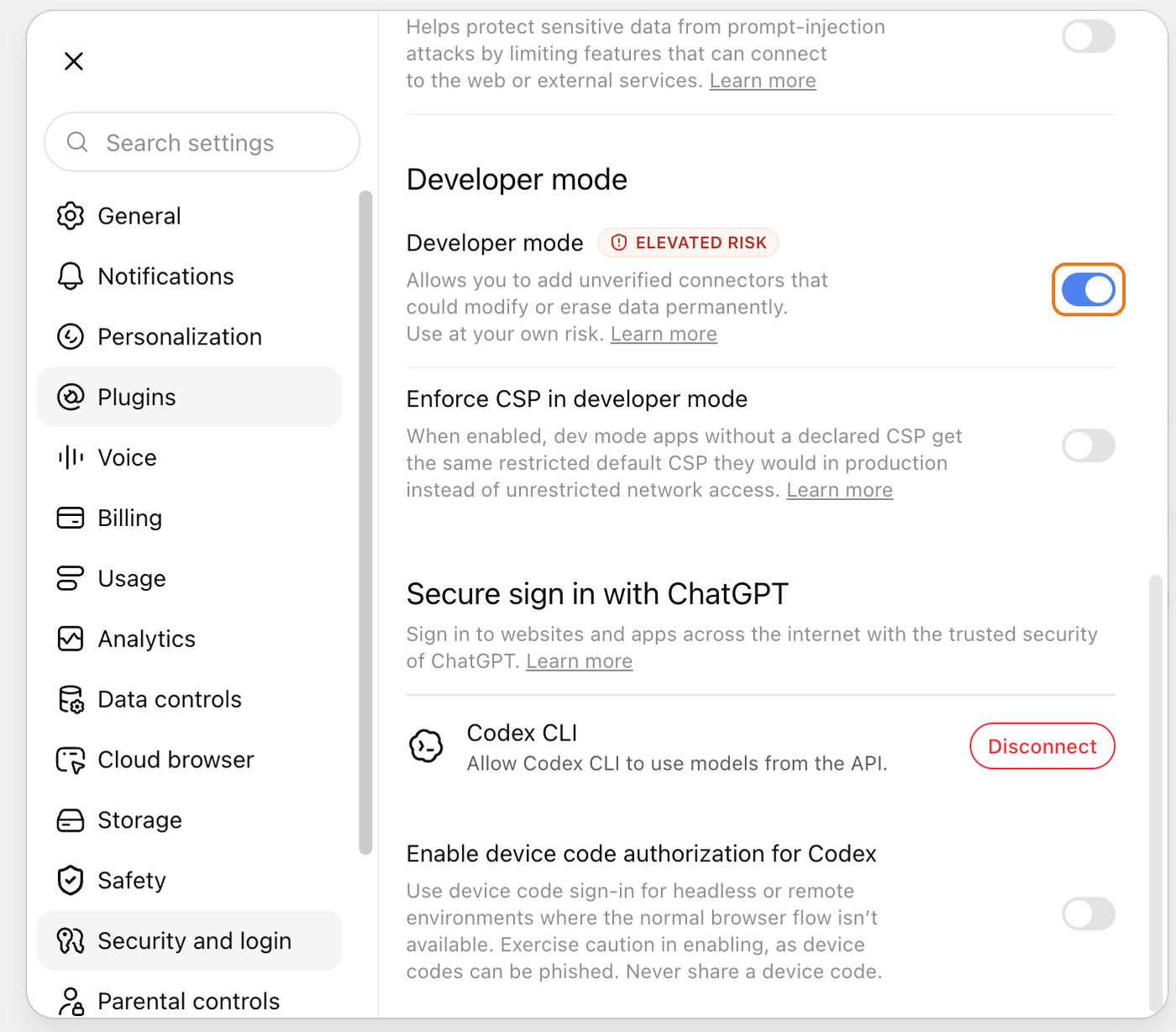 Die Einstellungen unter Sicherheit und Anmeldung, der Schalter Developer mode ist markiert
