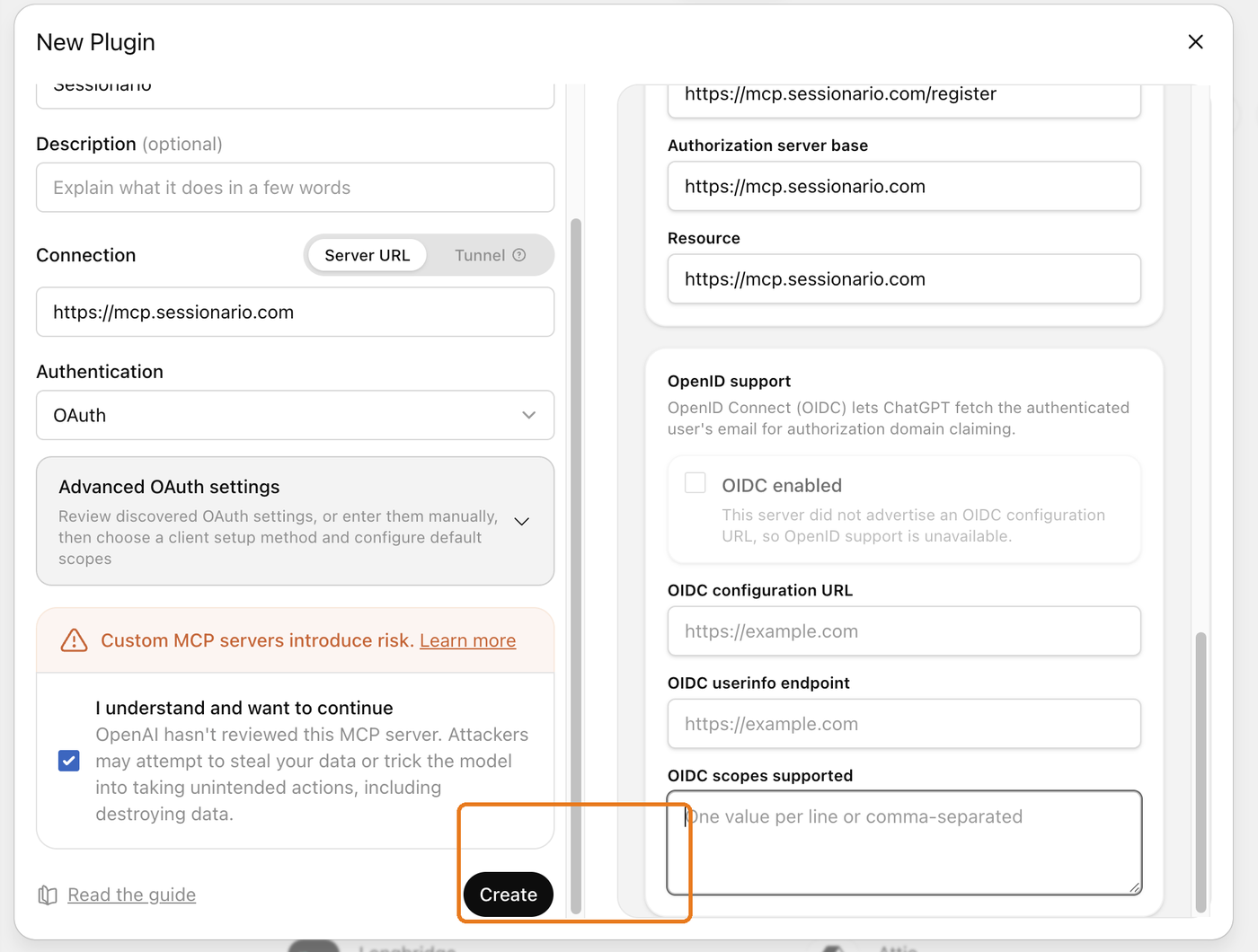Das Fenster New Plugin mit Name, Adresse und OAuth, der Knopf Create ist markiert