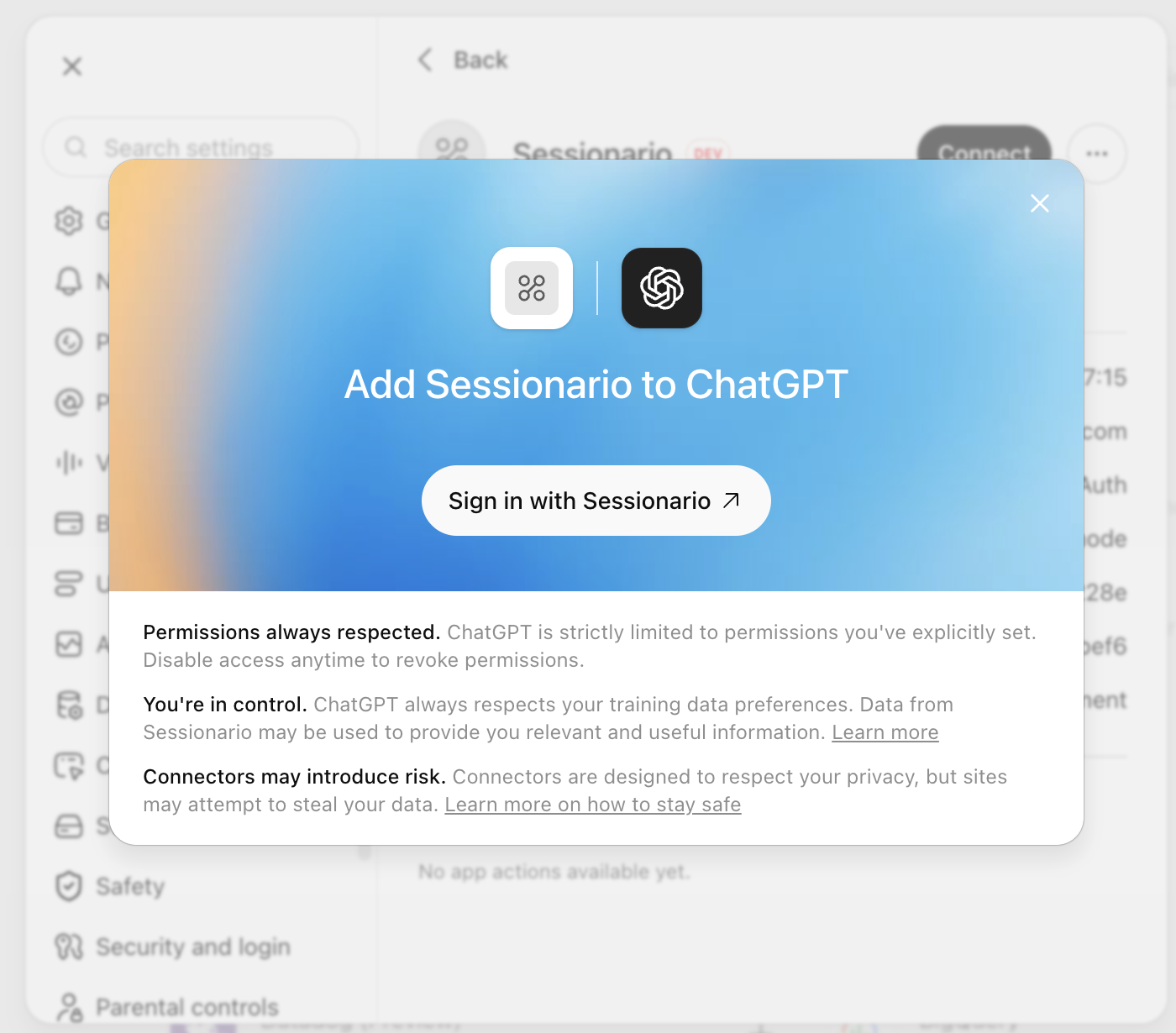 Das Fenster Add Sessionario to ChatGPT mit dem Knopf Sign in with Sessionario