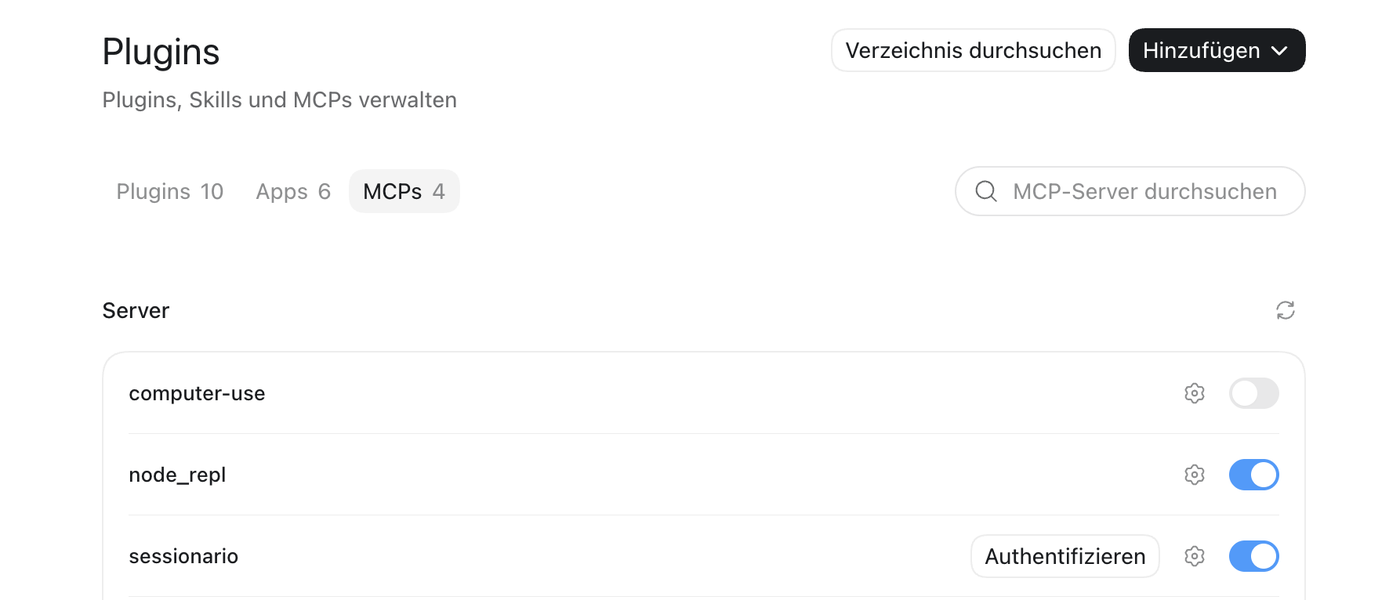 Die Plugin-Verwaltung der ChatGPT-App für den Mac mit dem Reiter MCPs und dem Eintrag sessionario
