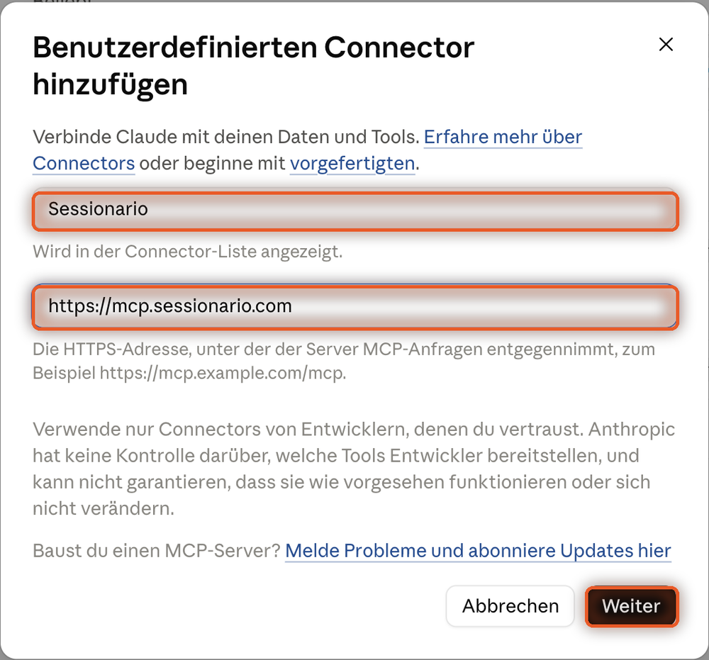 Das Fenster mit den beiden Feldern und dem Knopf Weiter, alle drei markiert