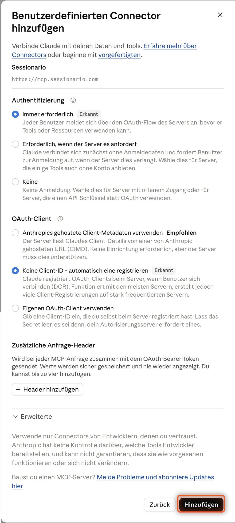 Die ganze Einstellungsseite, unten rechts ist der Knopf Hinzufügen markiert