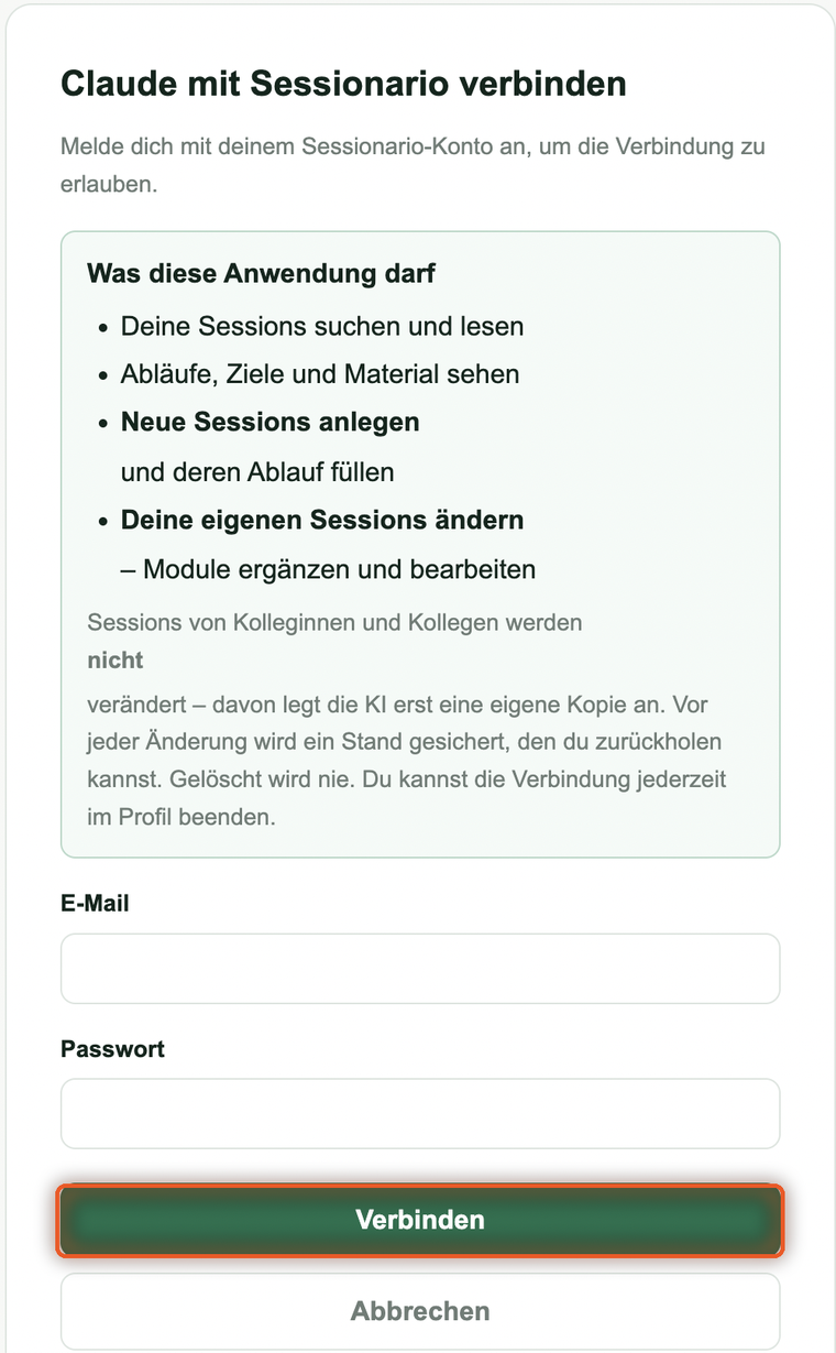 Die Anmeldeseite von Sessionario mit dem markierten grünen Knopf Verbinden