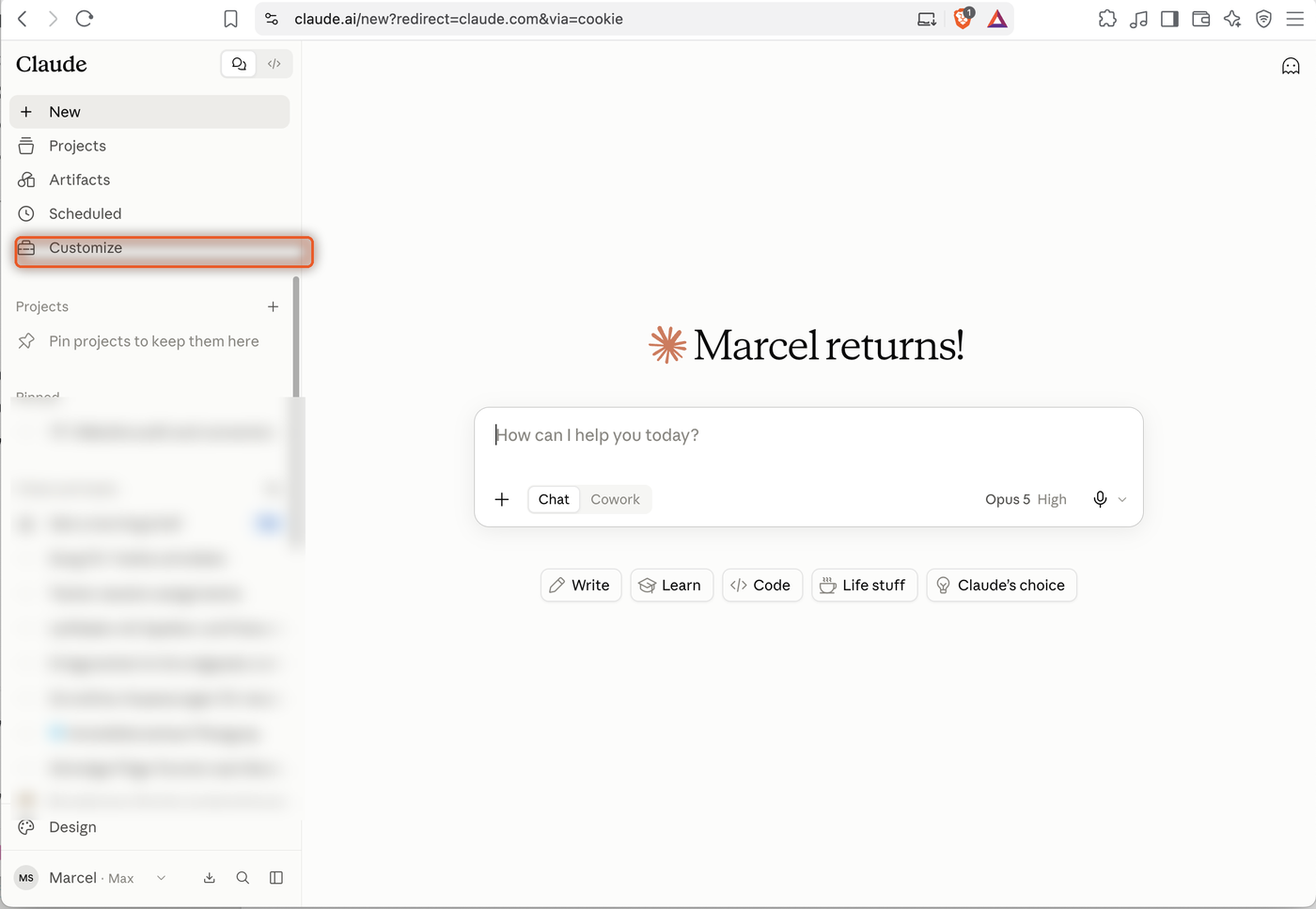 Claude's left sidebar with Customize marked