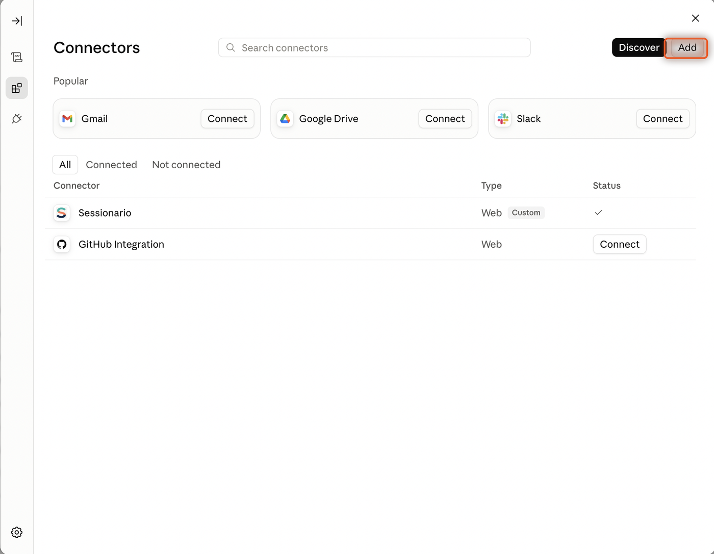 The connectors list with the Add button marked