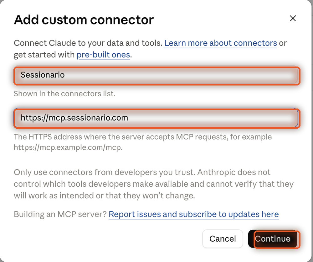The dialog with both fields and the Continue button, all three marked