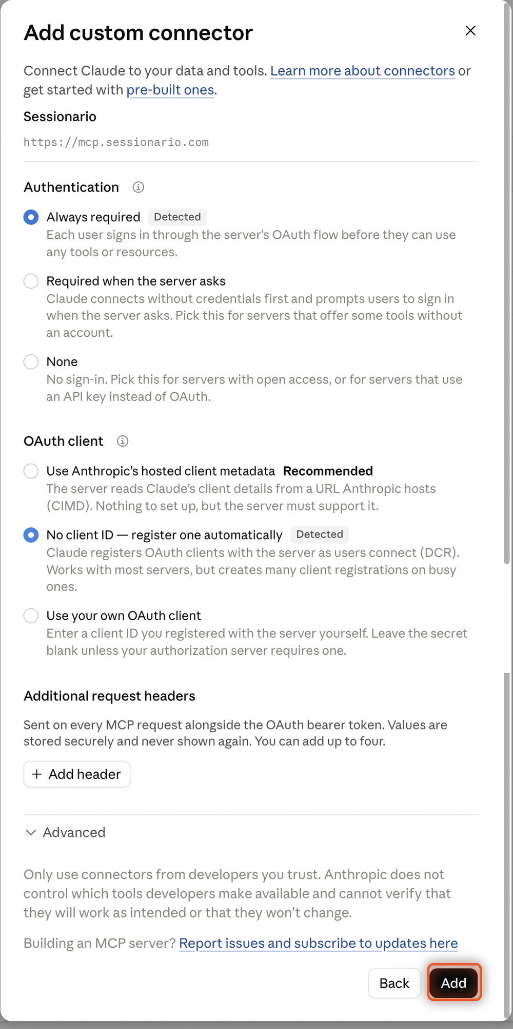 The whole settings page, the Add button at the bottom is marked