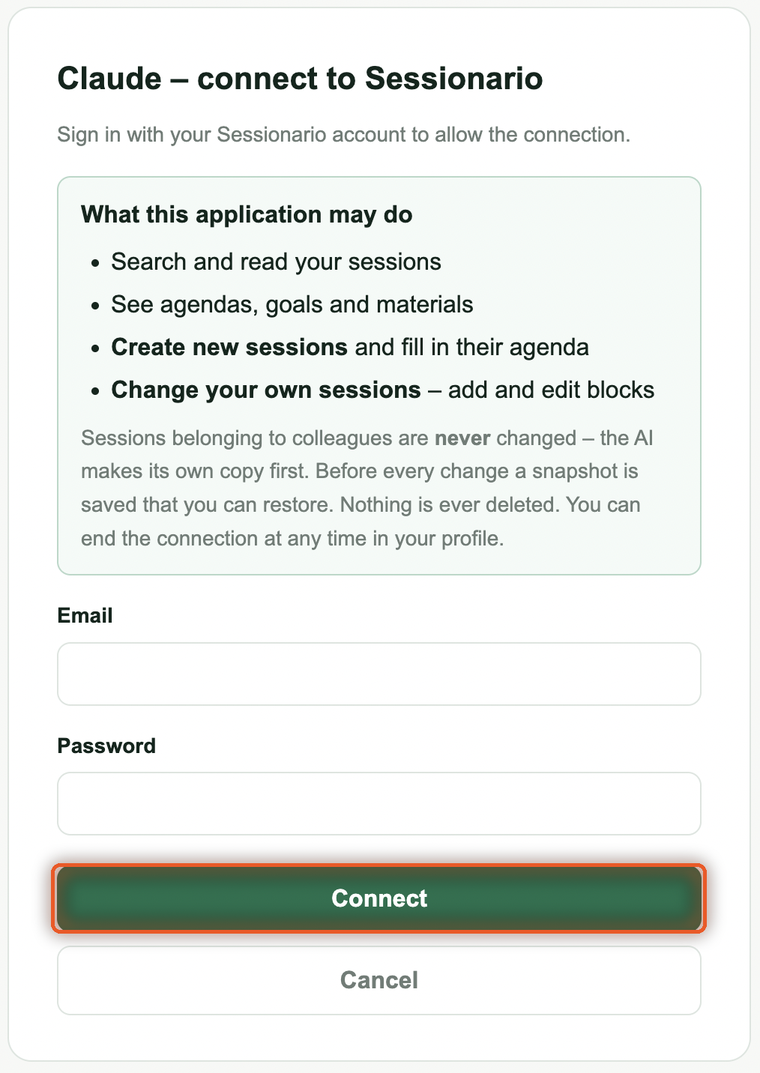 The Sessionario sign-in page with the green Connect button marked
