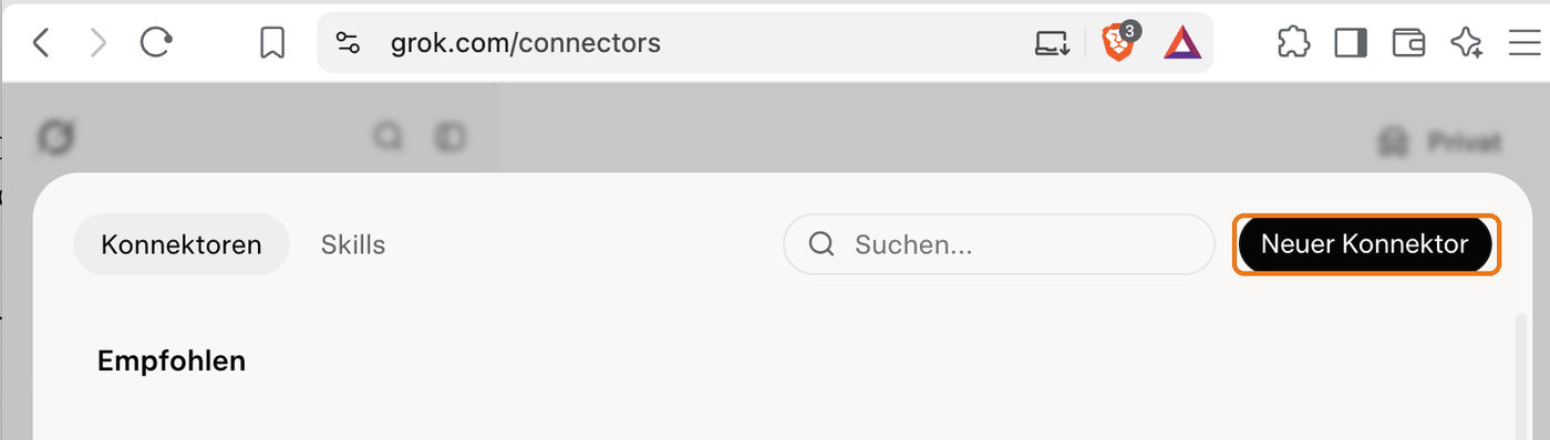 The page grok.com/connectors with the New Connector button marked
