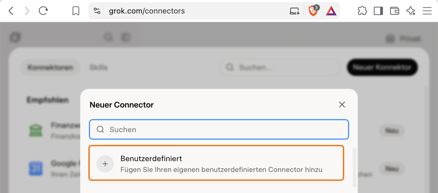 The New Connector window with the Custom entry marked