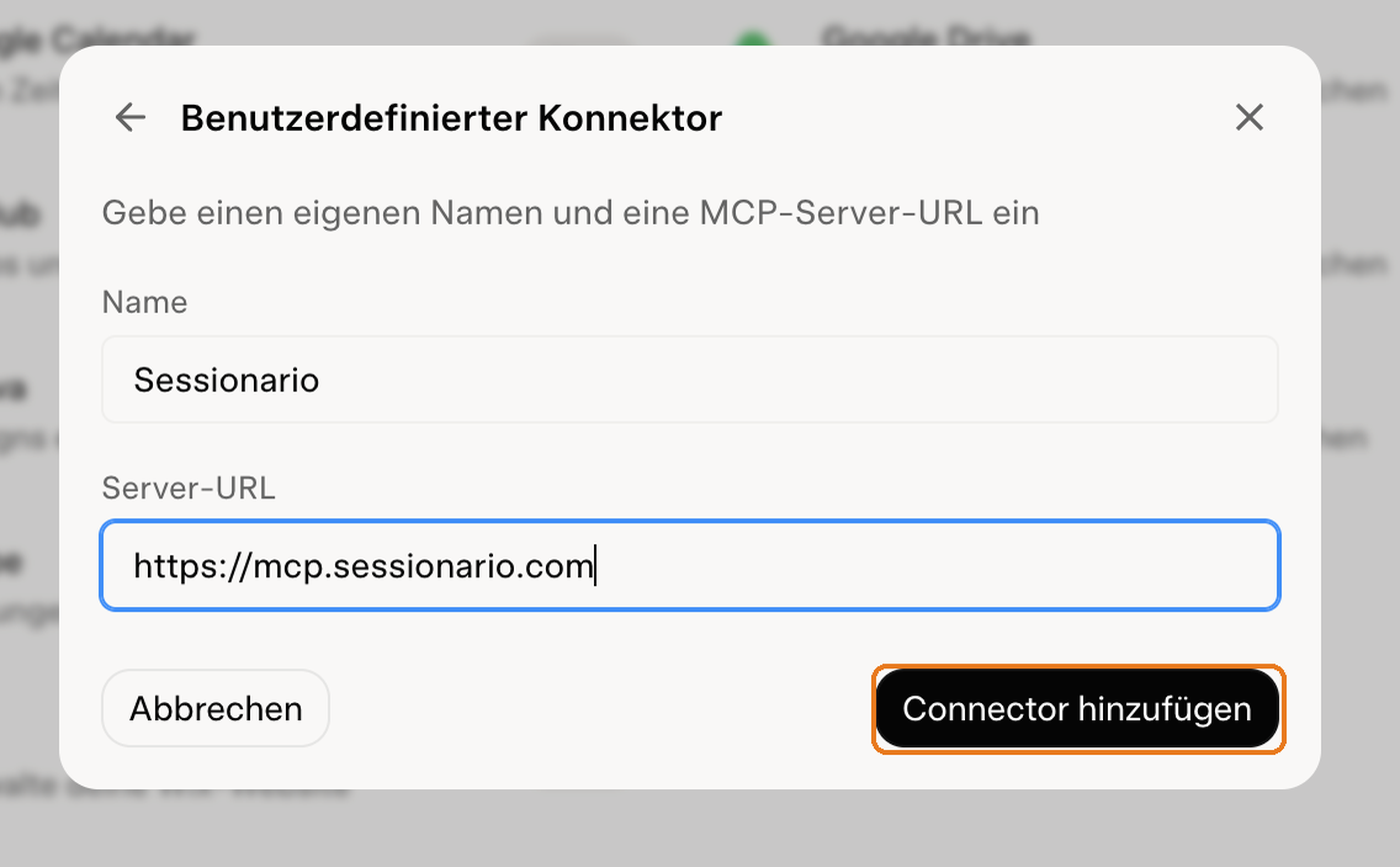 The custom connector dialog with name and server URL, the add button marked
