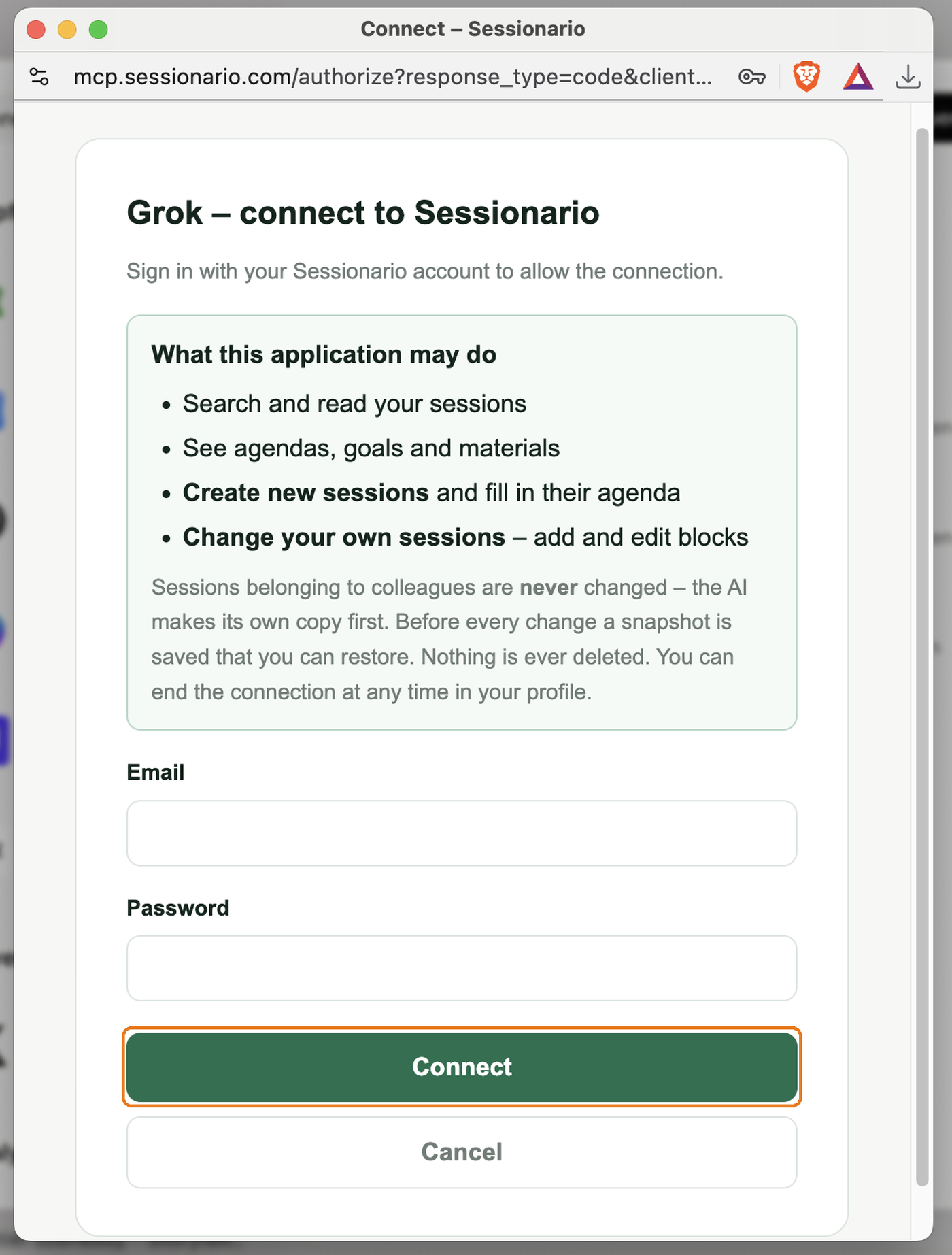 The Sessionario sign-in page with the green Connect button marked